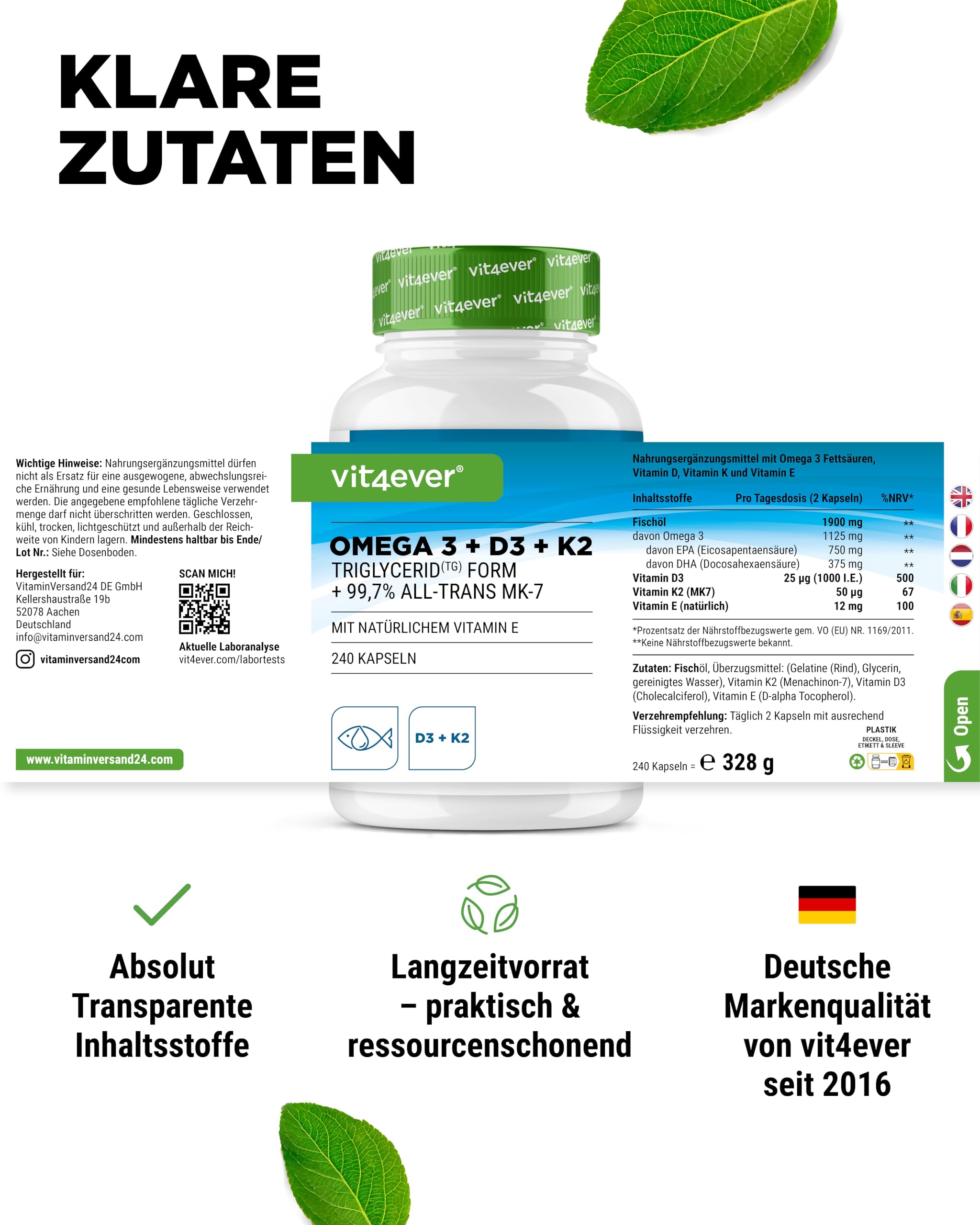 vit4ever Omega 3 + Vitamin D3 + K2-240 Kapseln - 1125 mg Omega 3 5