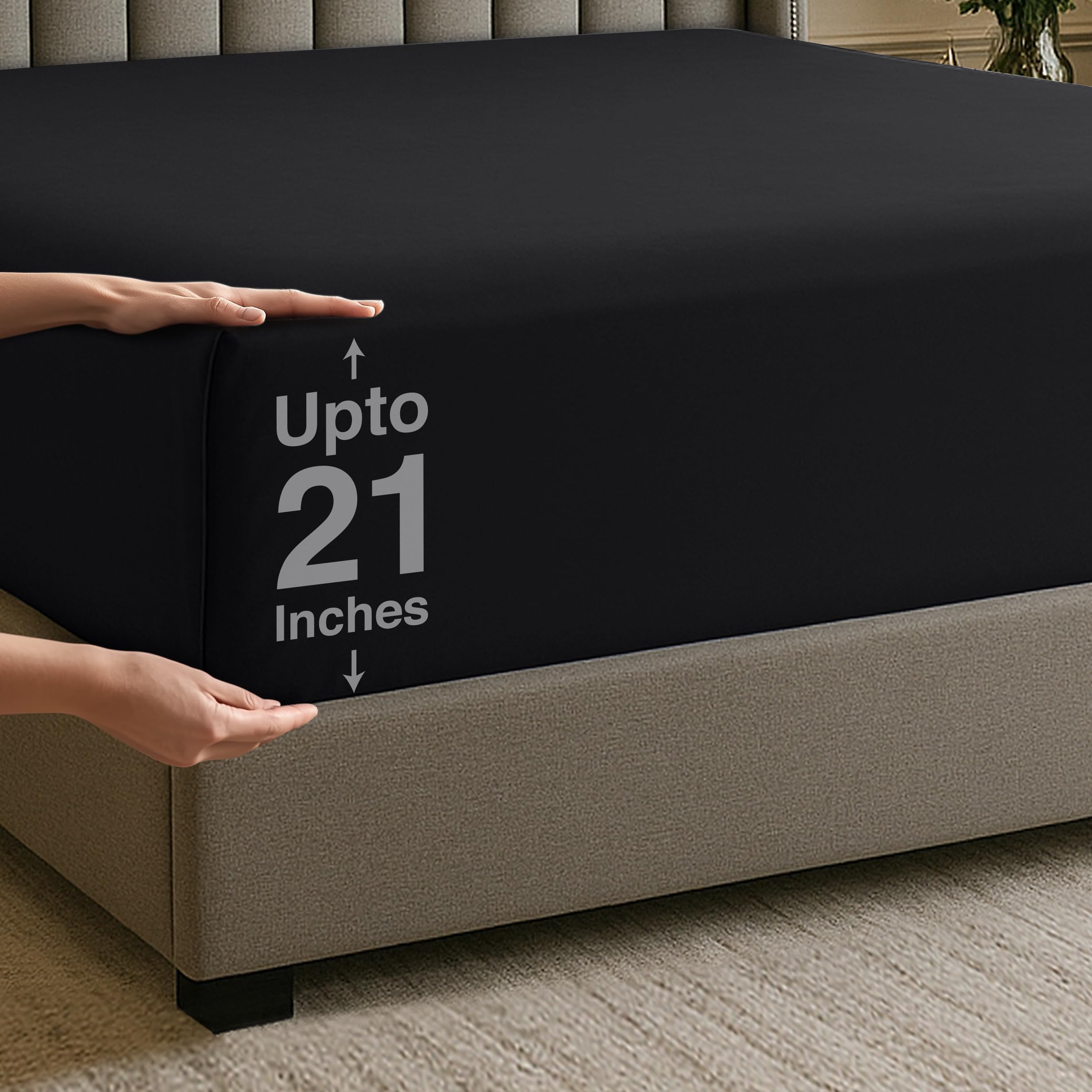 Utopia Bedding Extra Deep Pocket Queen Fitted Sheet, Fits up to 21 Inch Mattress - Hotel Luxury, Soft, Breathable and Comfy - Shrinkage and Fade Resistant - Easy Care – (Black)