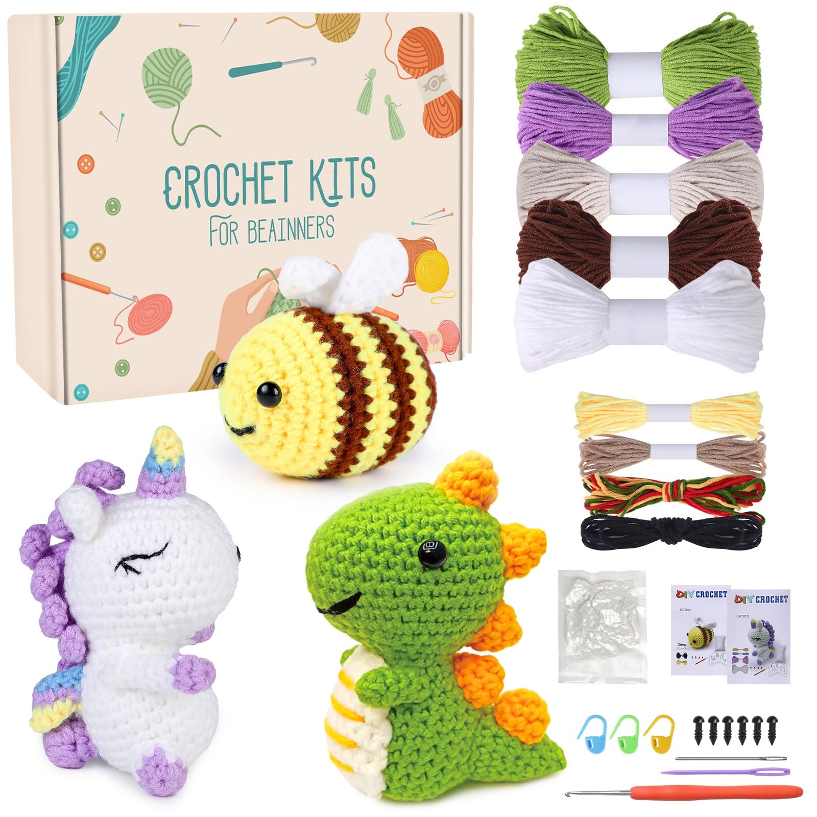 papasgix Beginner Crochet Kit, Complete Animal Crochet Yarn Set, Crochet Knitting Kits for Starters with Crochet Hooks Needles Yarn for Adults Kids DIY Craft Art