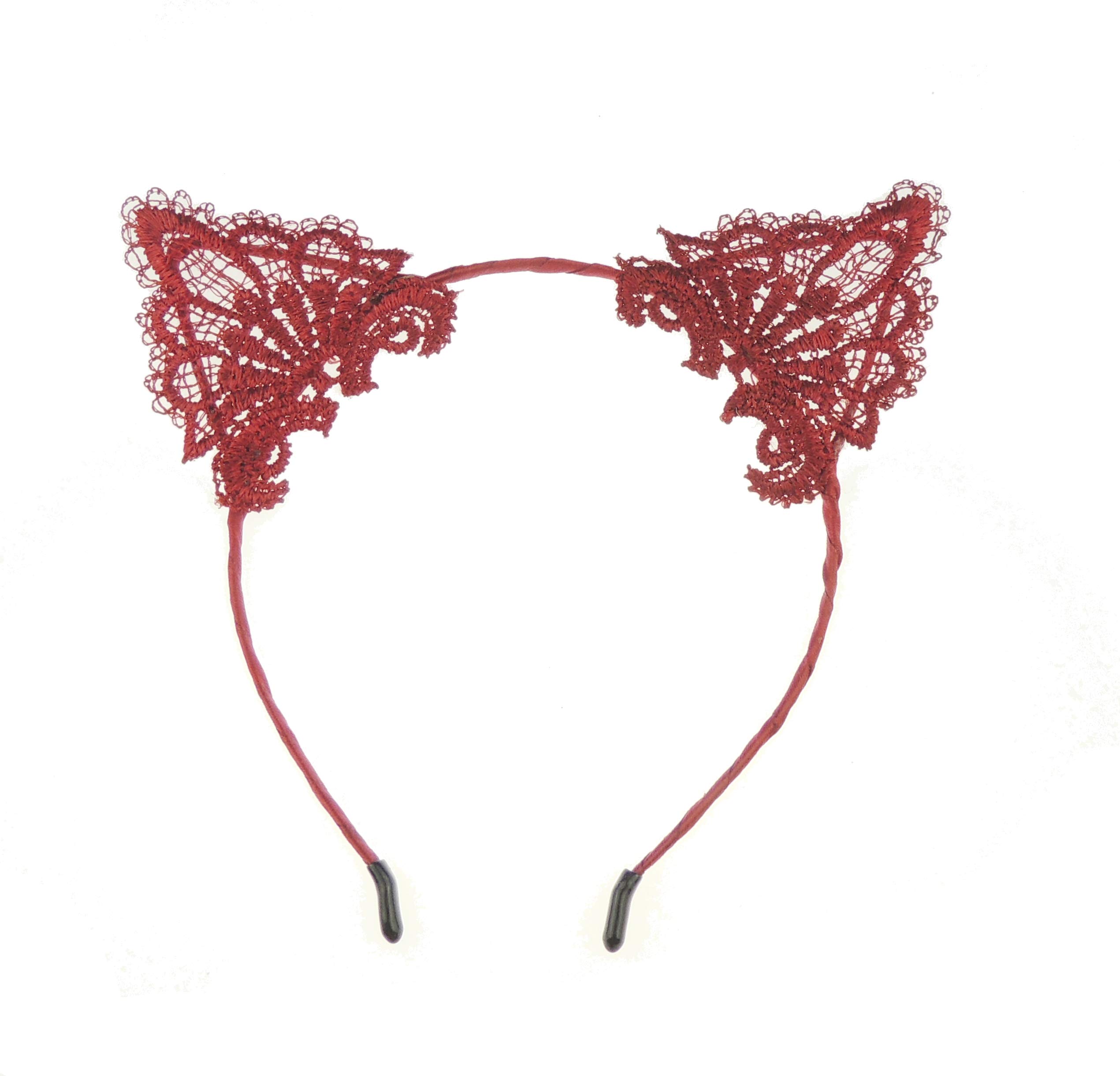 Womens Fancy Dress Up Party Role Play Cosplay Costume Christmas Hen Do Halloween Deeley Bopper Headband Hairband Hair Alice Band Fabric Lace Cat Kitten Ears Wine