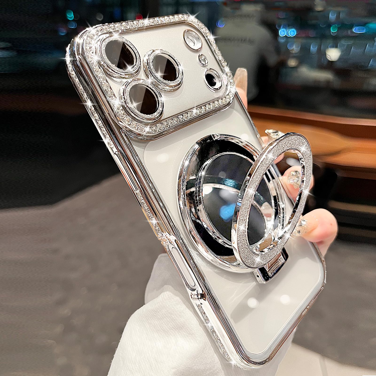Glitter Diamond Magnetic Case for iPhone 17 Pro Clear with Sparkly Makeup Mirror Invisible Kickstand Ring Holder 17 Pro Case Women Girls Cute Bling Luxury Shiny Shockproof Protective Cover 6.3",Silver