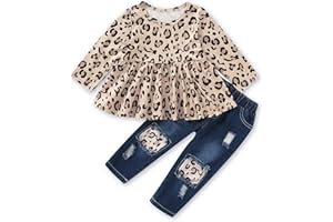 NZRVAWS Toddler Baby Girl Clothes Infant Print Colorful Ruffle Outfits Fall winter Top Ripped Jeans Pant Set Clothing 6M-5T