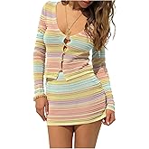 MakeMeChic Women's 2 Piece Fall Outfits Striped V Neck Long Sleeve Crop Top and Mini Skirt Set