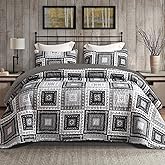 Exclusivo Mezcla Reversible Boho Quilts King Size, Black Bedspreads Lightweight Coverlet All Season Patchwork Quilt Bedding Set with Printed Floral Pattern (1 Quilt, 2 Pillow Shams)