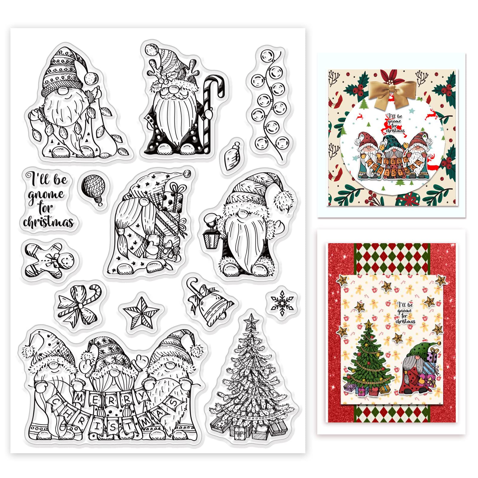GLOBLELAND Christmas Gnome Clear Stamps Xmas Tree Santa Claus Light Bulb Bell Snowflake Silicone Clear Stamp Seals for Cards Making DIY Scrapbooking Photo Journal Album Decoration
