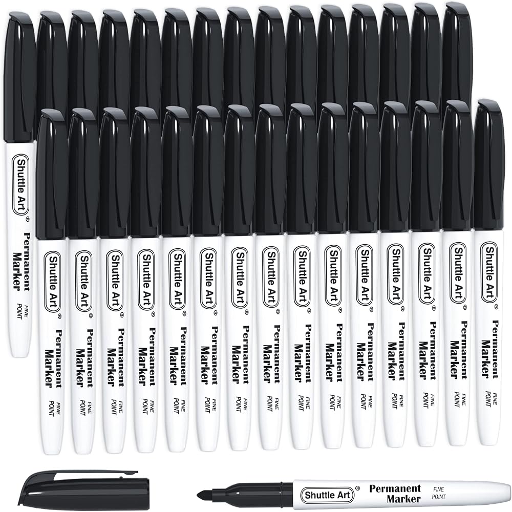 Shuttle Art 30 Pack Black Permanent Markers Fine Tip for Plastic Wood Metal