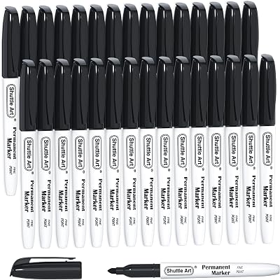 Shuttle Art 30 Pack Black Permanent Markers Fine Tip for Plastic Wood Metal