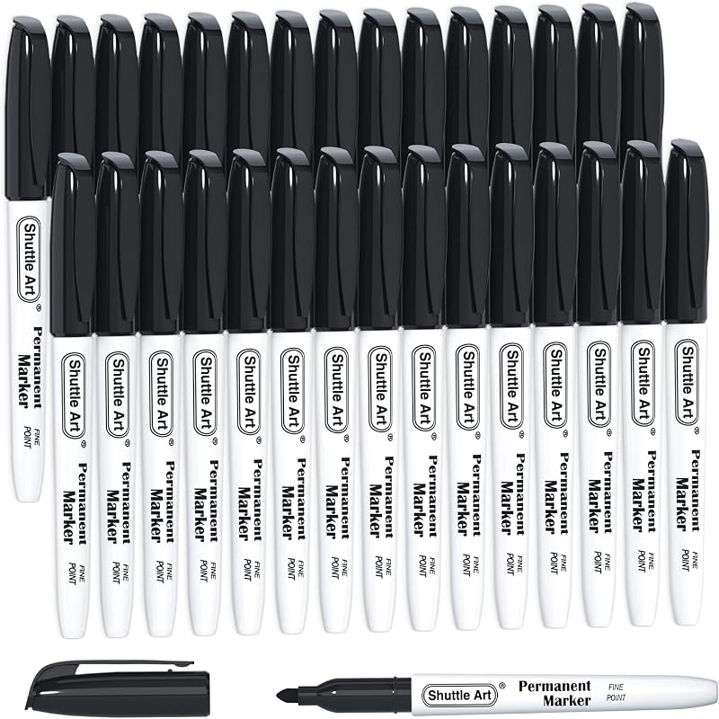 Shuttle Art 30 Pack Black Permanent Markers Fine Tip for Plastic Wood Metal