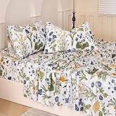 Huborise Green Floral Bed Sheets Set Queen Size 100% Percale Cotton Yellow & Blue Flower Printed Sheets, Soft & Breathable, Leaf Pattern Botanical Bedding Luxury Deep Pocket Fitted Sheet 17.5" 4 Pcs