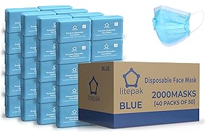 LITEPAK 2,000pcs Disposable Face Masks- 3 Ply Breathable Mask For Adults - Blue (40 Packs of 50)