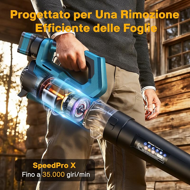 Soffiatore a Batteria Professionale, Motore Brushless, 4 Velocità + Turbo