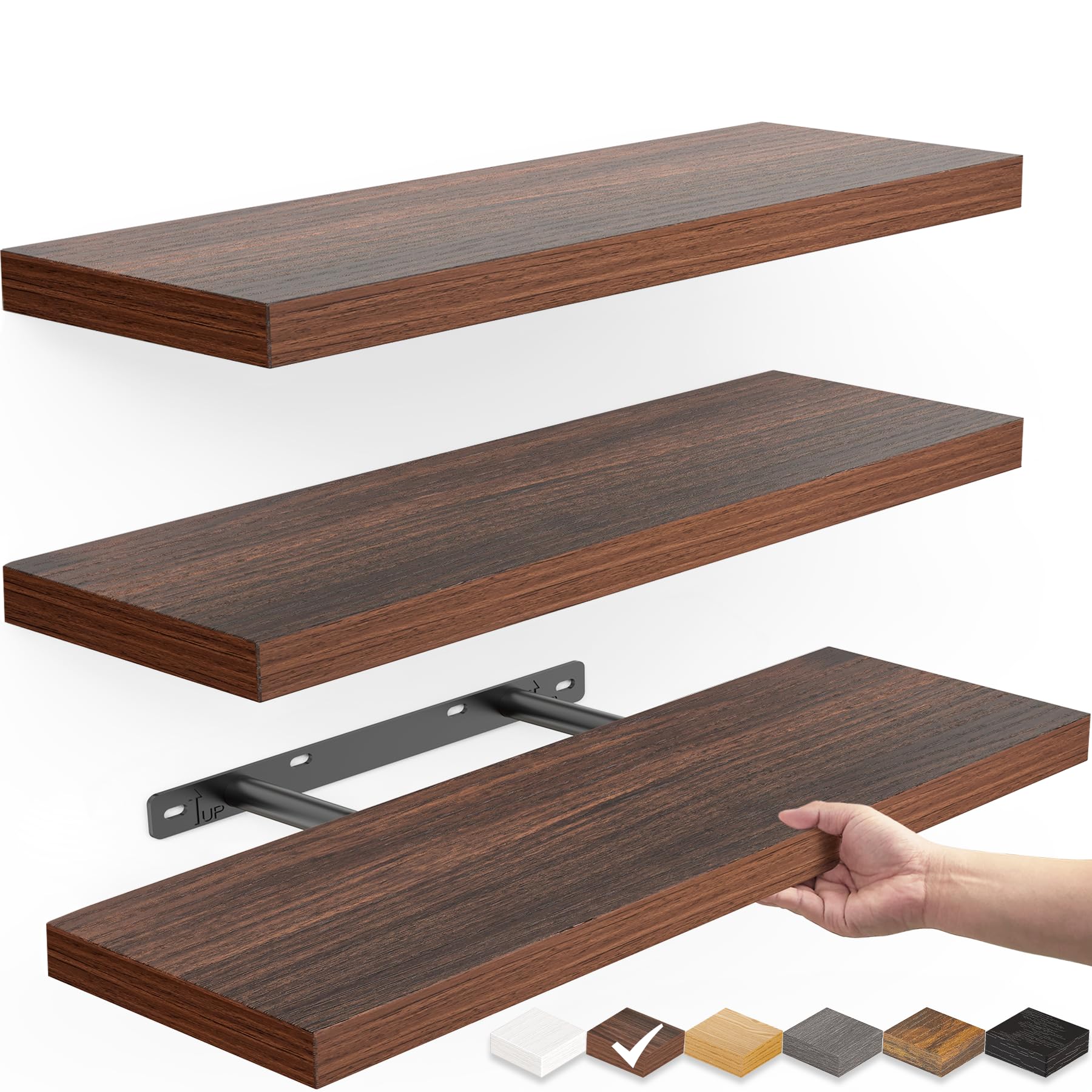 Photo 1 of BAYKA Floating Shelves for Wall, Wall Mounted Rustic Wood Shelves for Bathroom, Bedroom, Living Room, Kitchen,Small Hanging Shelf for Books/Storage/Room Decor (Walnut-Like, Set of 3, 15.7in)
