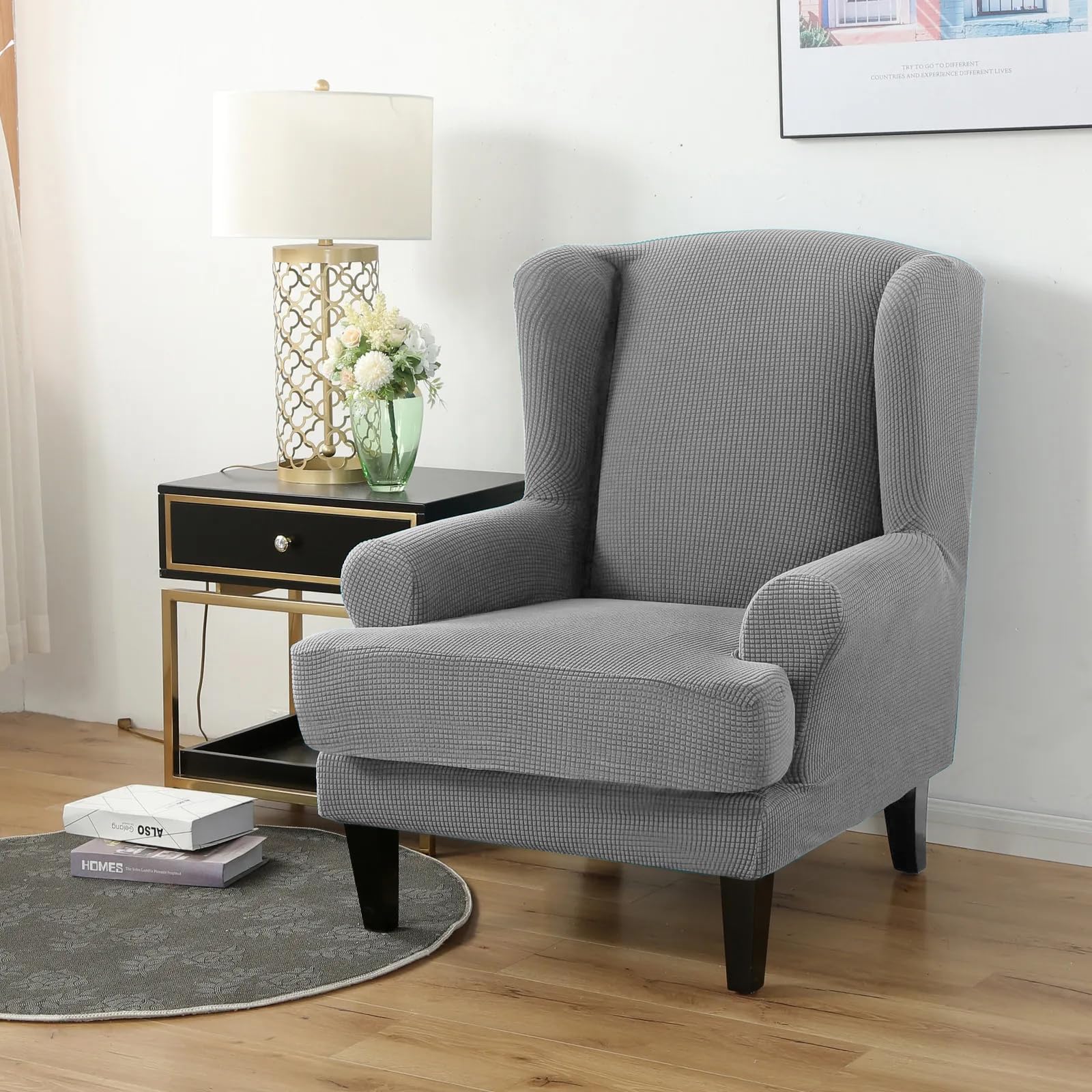 PETCUTE Wing Chair Slipcovers Armchair Covers with Ears Stretch Wing Chair Covers Jacquard Furniture Protector Light gray