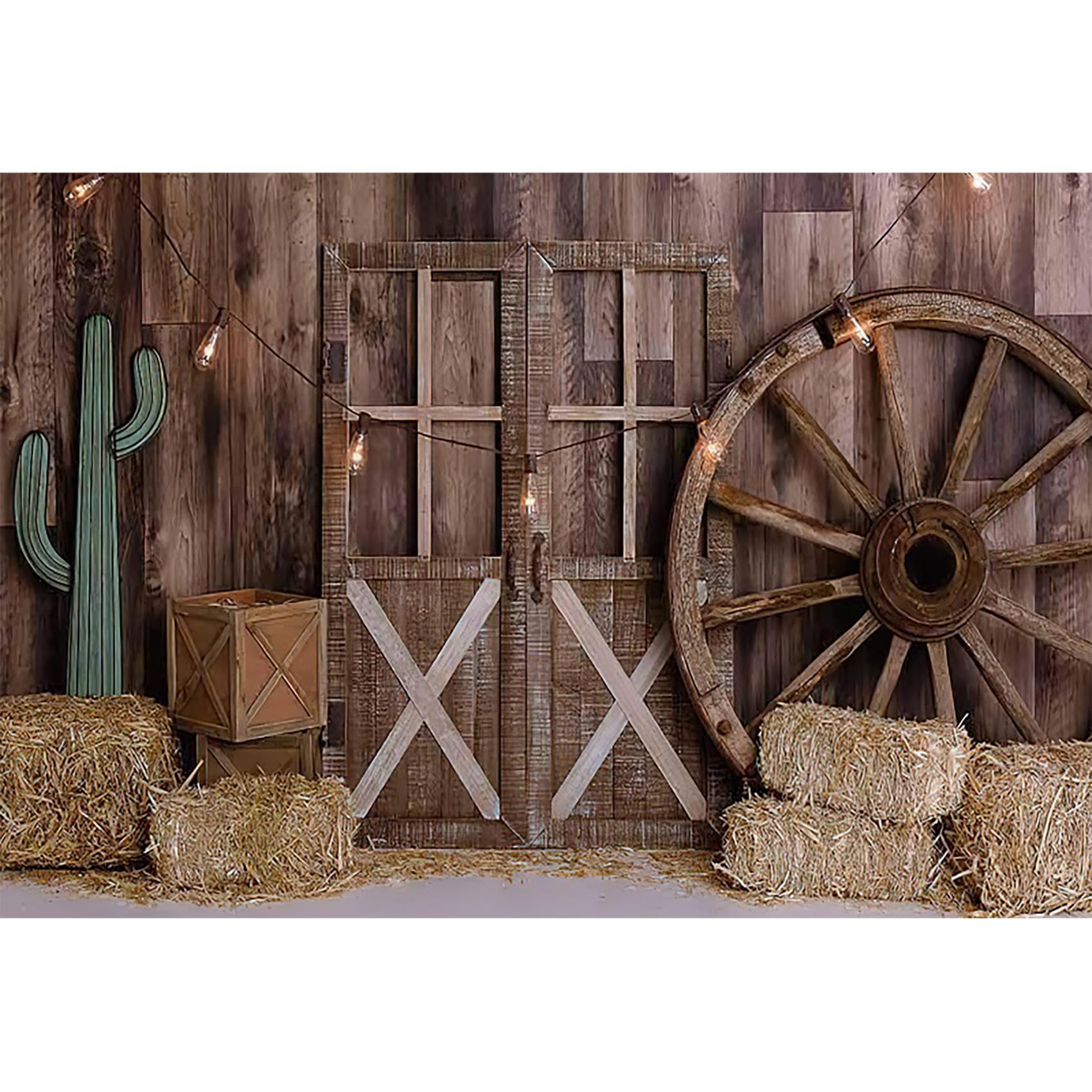 MIRRORANG 2,5x1,8m Western Cowboy Backdrop Wooden Barn Door Farmhouse Wheels Haystack Hay Bales Wagon Wheel Cactus Retro Photography Background for Cowboy Newborn Baby Shower Party, Vinyl