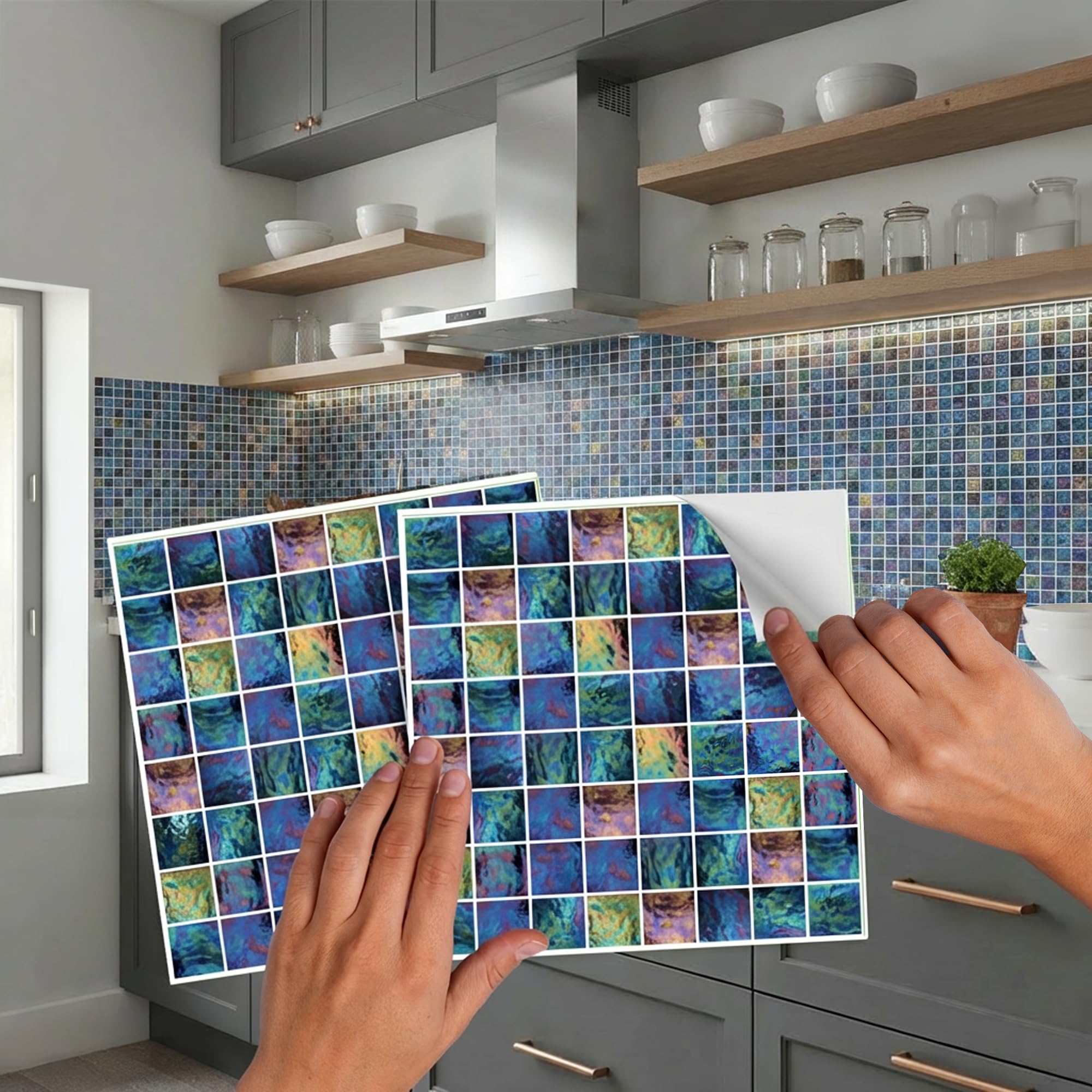 Pack of 20 Traditional Modern Art Tile transfers Stickers Peel and Stick backsplash Room Decor self Adhesive Oil Proof-Vintage Victorian Moroccan Black Cream Mosaic (iridiscent)