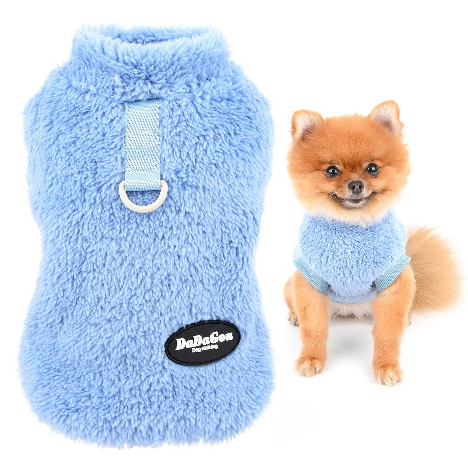 SMALLLEE_LUCKY_STORE Pet Sherpa Fleece Jumpers Sweaters Vest Turtleneck Pullover with D-ring Soft Sweatshirt for Small Dogs Cat Puppy Boy Girl Yorkie Chihuahua Warm Fall Winter Clothes,Blue,S