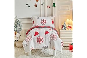 UOZZI BEDDING Christmas Toddler Bedding Set for Boys Girls Red White Sock Colorful Holiday 4PC Toddler Bed Set - Cute Toddler White Bed in a Bag with Gray Red Snowflake