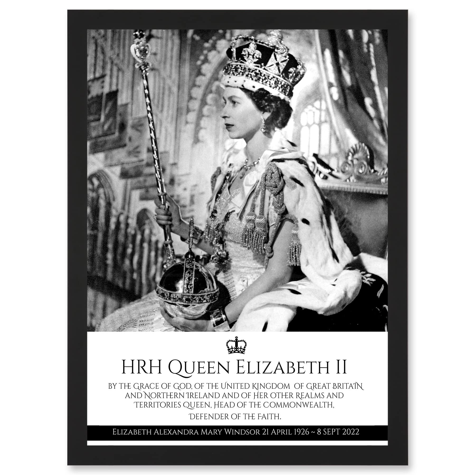 Artery8 HRH Queen Elizabeth II Coronation Portrait Commemorative Artwork Framed Wall Art Print A4
