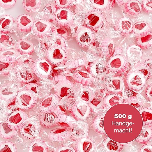 WeddingTree Rosa Herzbonbons Hochzeit 500 g - süße Tischdeko zur Hochzeit Taufe Valtentinstag - handgewickelt
