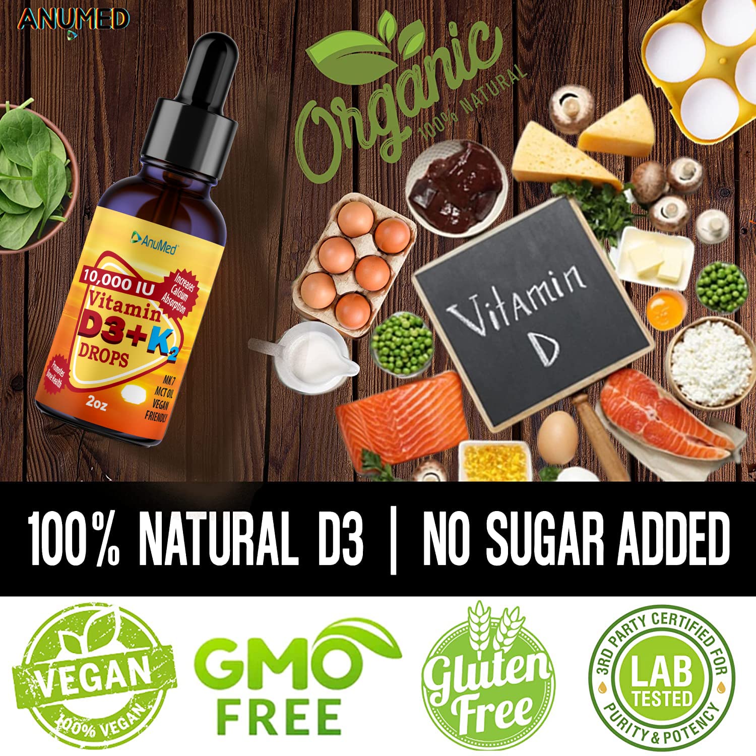 ANUMED Vitamin D3 + K2 10,000 IU Liquid Drops + Organic MCT Oil
