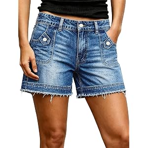 Flamingals Mid Rise Denim Wash Raw Hem Decor Front Summer Shorts for Women | Trendy Jean Shorts with Patch Pockets, Jean Shor