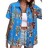 MYMORE Women's Western Cowgirl Button Up Shirt Vintage Print Short Sleeve Hawaiian Shirt Top Cute Country Concert Outfit