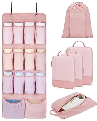 BAGSMART Hanging Compression Packing Cubes for Closet Organizers And Storage, 6 Set Suitcase Organizer Bags Set, Cruise Travel Essentials for Women, Baby Pink