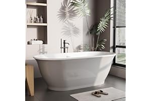 HOMFAN 59 Inch Oval Acrylic Freestanding Bathtub – Flared-Edge Soaking Tub with Gray Exterior White Interior, Chrome Drain & Overflow, Stylish Stand Alone Tub for Bathroom Relaxation