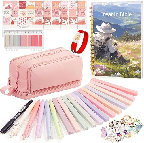 Kithouse Bible Study Supplies Journaling Kit for Women, In The Bible Pencil Case Highlighters Pens Tabs NFC Bracelet Christian Gift for Lady