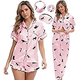 MEEYI Silk Satin Pajama Set for Women 3-piece Short Sleeve Pajama with Pants Ruffle Shorts Cute Pj Set Button Down Sleepwear