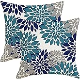 FJWMZ Navy Blue and Teal Gray Pillow Covers 18x18 Inch Outdoor Spring Summer Dahlia Floral Throw Pillows Cover Set of 2 Modern Geometric Linen Decorative Pillow Case for Home Couch Bed Sofa Decor