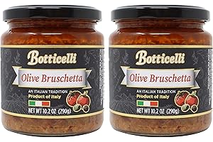 Olive Bruschetta by Botticelli, 10.2oz Jars (Pack of 2) - Premium Italian Appetizer - Gluten-Free - Green & Black Olives, Onions, Sundried Tomatoes, and Olive Oil