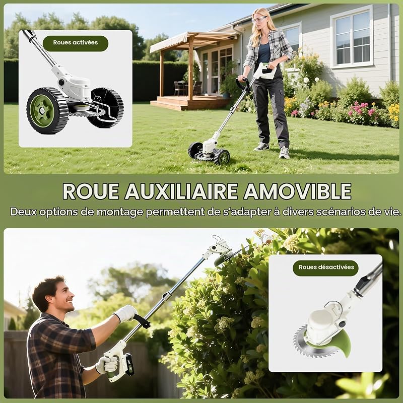 Débroussailleuse Électrique sans Fil 21V - Coupe Bordure Batterie 4Ah avec Lames Métalliques, Poignée Réglable, Adapté pour Jardin Pelouse Et Bordures, Puissant pour Coupe Herbe (Beige)