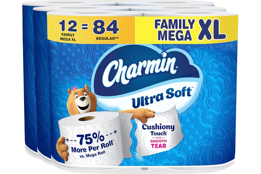 Charmin Toilet Paper Ultra Soft Cushiony Touch, 12 Family Mega XL Rolls = 84 Regular Rolls