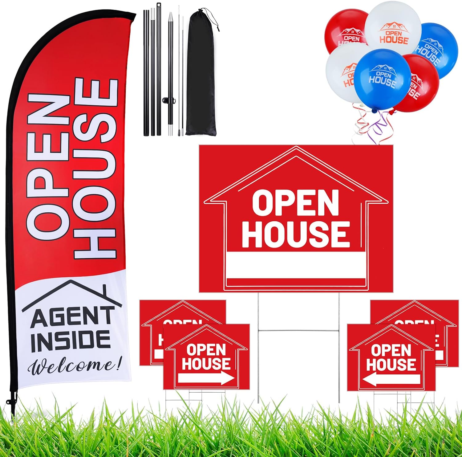 Yard Signs - Buryeah Open House Signs Set (36 Pcs Total), 1 Pack Open House Flag with Pole Kit, 5 Pack Double Sided Open House Directional Arrows Signs with Metal Stakes and 30 Open House Balloons(Red)