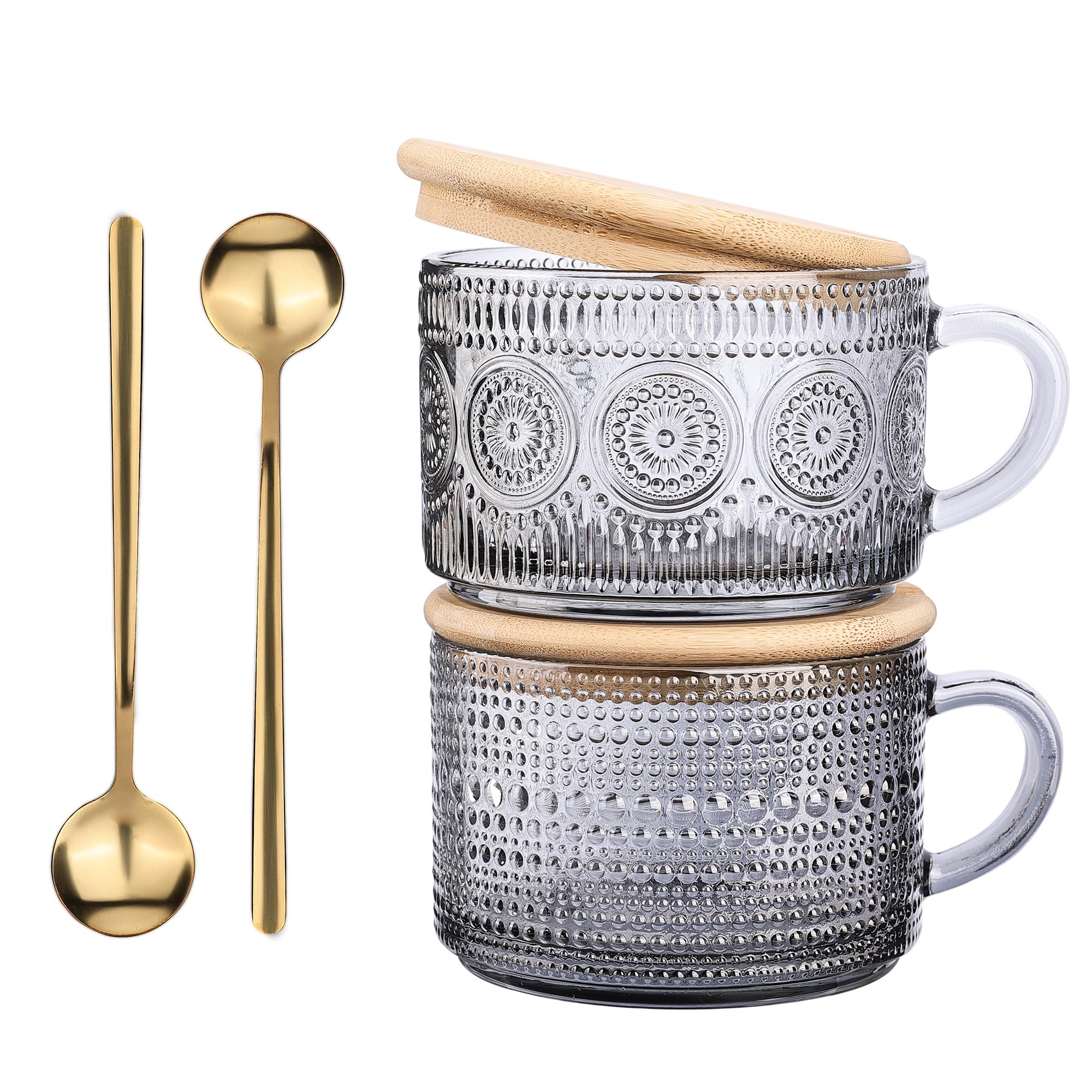 Vintage Glass Coffee Mugs Set of 2,Clear Embossed Glass Tea Cups with Bamboo Lids and Spoons, Cute Coffee Bar Accessories, for Cappuccino, Latte, Overnight Oats, Cereal,Yogurt,Gift(Gray)