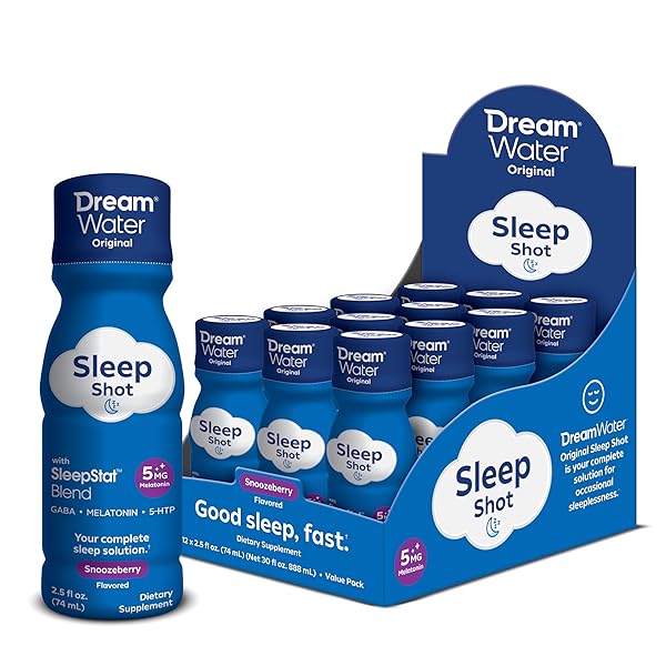 DREAM WATER SLEEP AID SUPPLEMENT DRINK; MELATONIN 5MG, GABA, 5-HTP; ZERO SUGAR, NATURAL FLAVORS, NO ADDED COLORS, 2.5 OZ LIQUID SLEEP SHOTS, SNOOZEBERRY, 12-COUNT