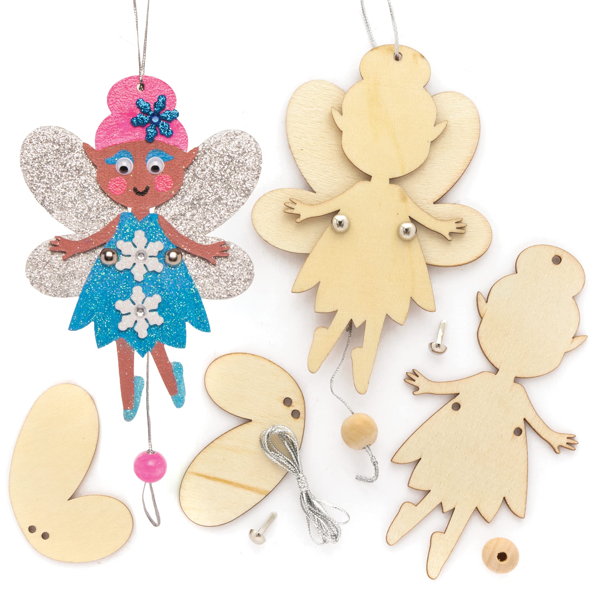 Baker Ross FE861 Winter Fairy Wooden Puppet - Pack of 5, Make Your Own Wooden Puppets, Puppets for Kids, Wooden Crafts for Kids to Assemble and Decorate