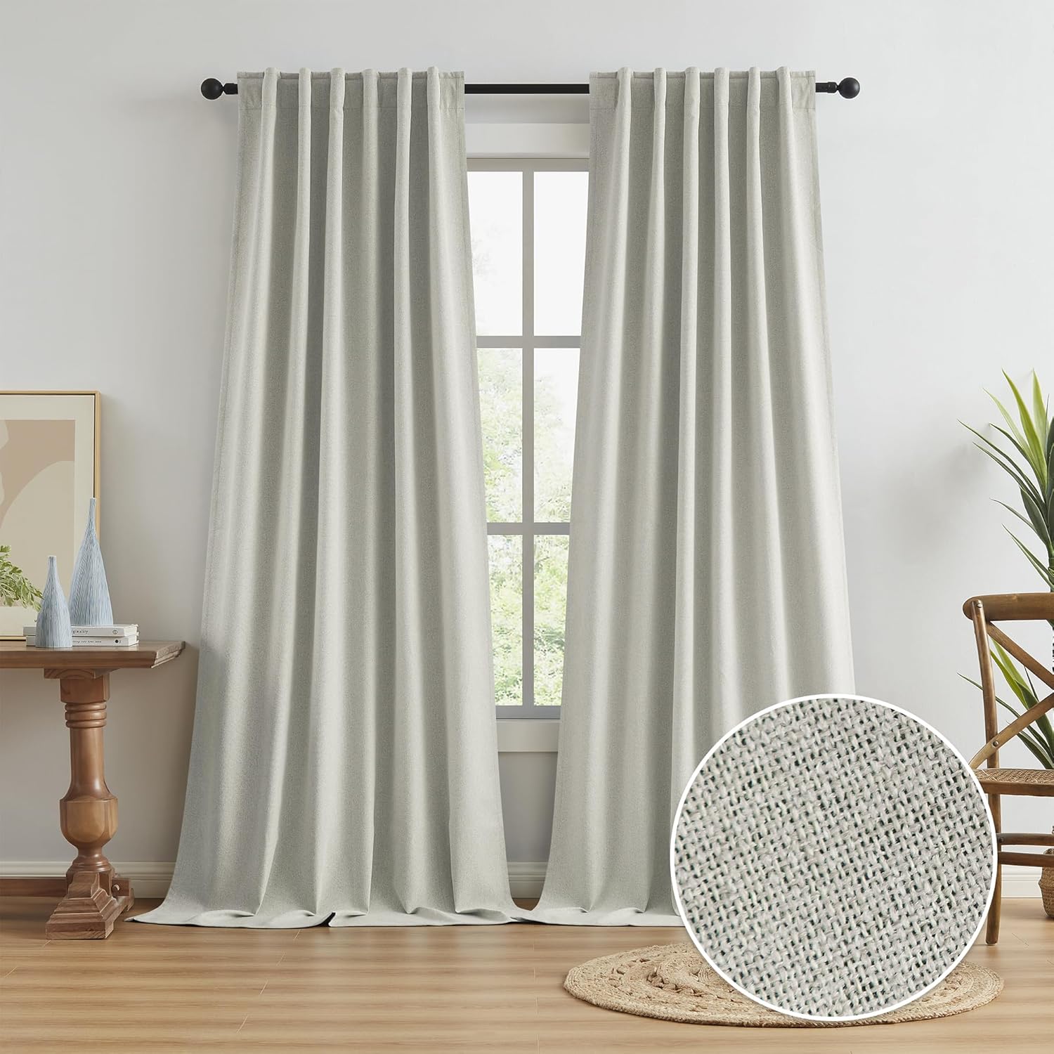 Window Treatments - KEQIAOSUOCAI Linen Blackout Curtains 102 Inches Long, Energy Saving Back Tab Loop Pocket Pinch Pleated Canvas Look Rustic Farmhouse Drapes 50 by 102 Inch, 2 Panels, Greyish Bige
