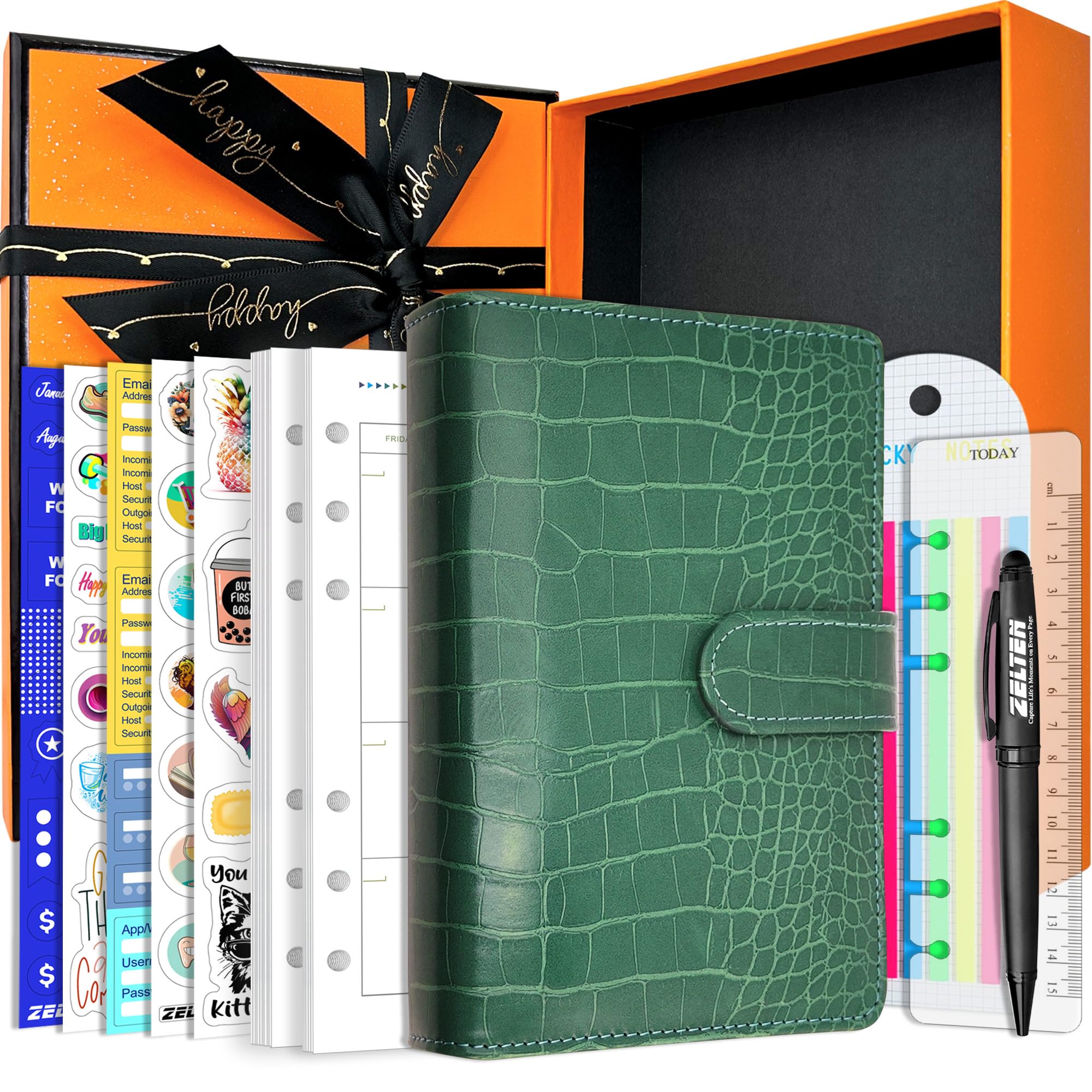 Zelten PU Leather Personal Notebook Planner with 67 Pages Loose-Leaf Papers 6 Holes Ring Binder Pen Holder Magnetic Buckle (Green Faux Crocodile Texture,A6 Gift Box)