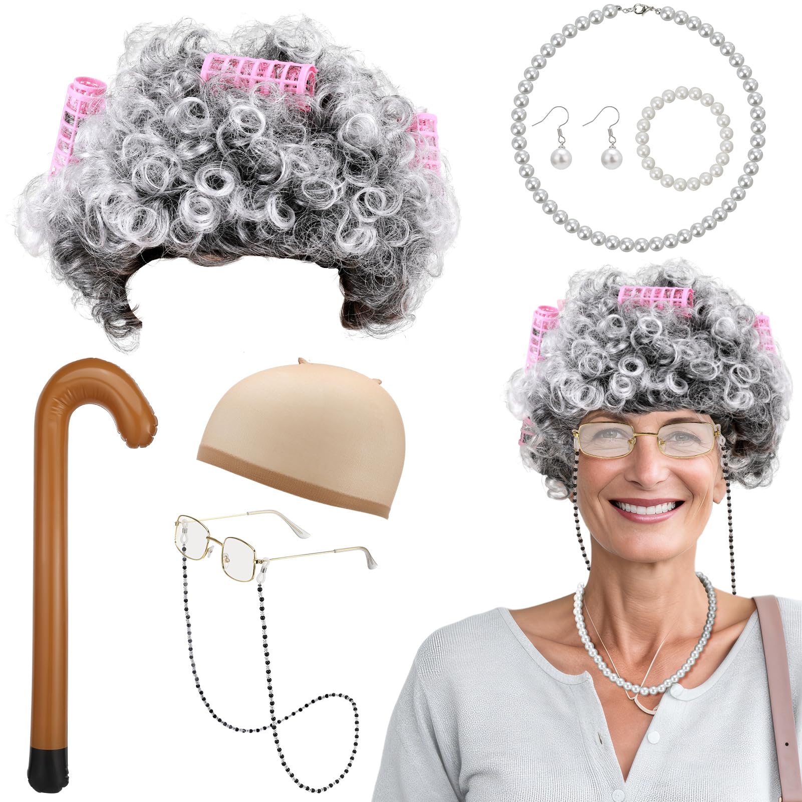 Partideal Old Lady Costume Set, 15 Pcs Black Grandma Wig Cap Granny Pearl Necklace Earrings Bracelet Cane Hair Rollers Glasses with Chain Dress Kit for Halloween World Book Day Masquerade Carnival