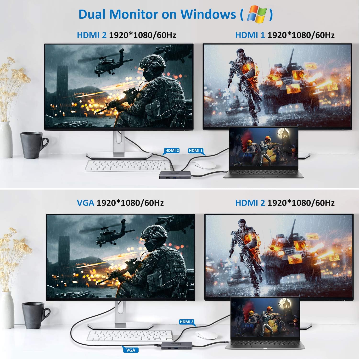 USB C Laptop Docking Station Dual Monitor, 8-in-1 USB C Dock with Dual HDMI, VGA, 2 USB, USB C Charging (PD) and 3.5mm Audio, Type C Docking Station Compatible for USB C Windows Laptops: Computers & Accessories