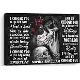 KiKiLuna Personalized Gothic Sugar Skull Couple Canvas Wall Art | I Choose You Sugar Skull Canvas, Custom Names, Gothic Rose Wall Art, Dia de los Muertos Gift