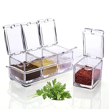 Große Gewürzdosen 4er Set Vorratsdosen Regal mit Abdeckung und Löffel, Weiß/Transparent, Spice Box