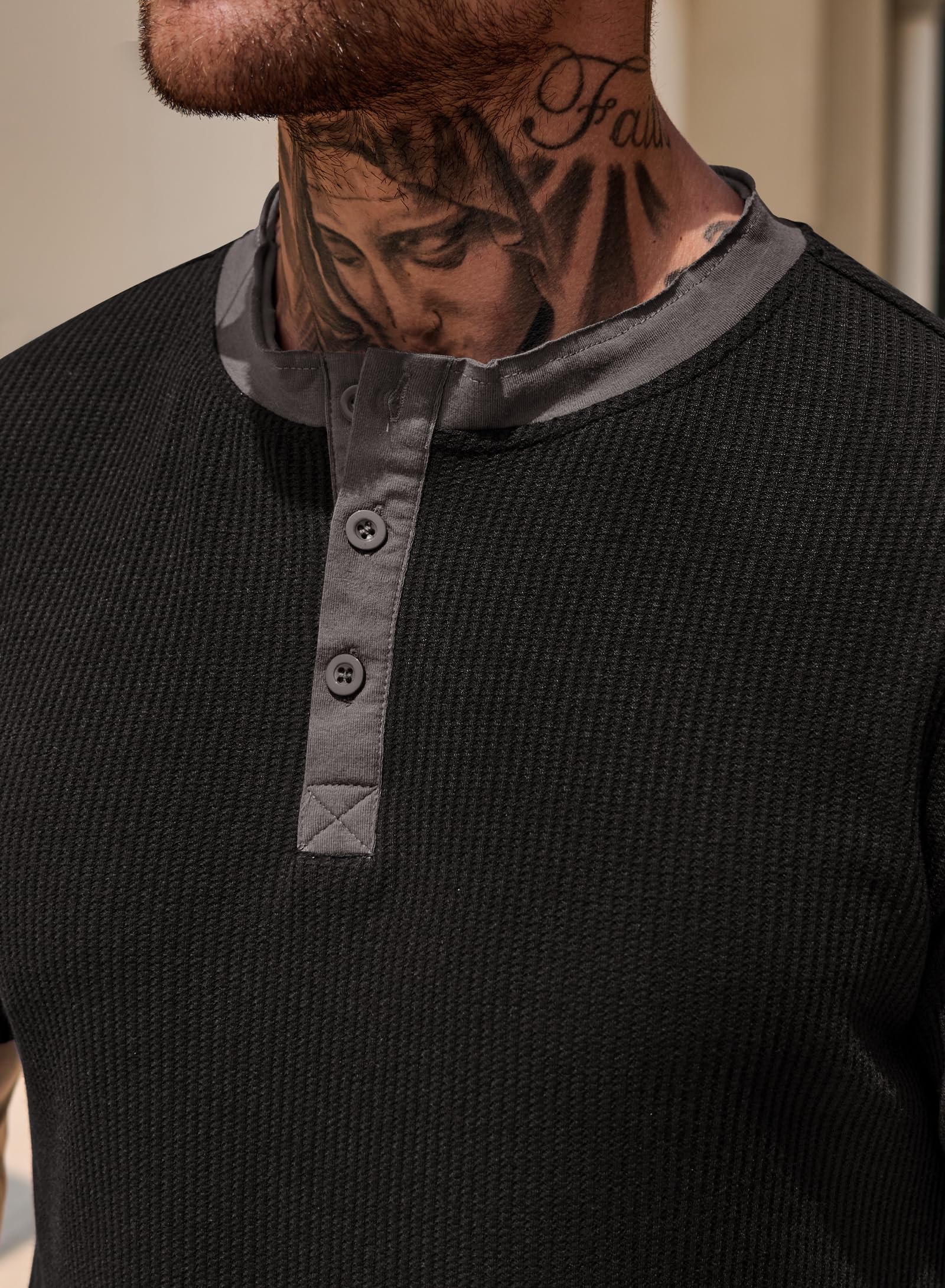 VOGSTART Men 2025 Shirt Button Tee Shirt Waffle Henley Muscle Stretch Cotton Casual T-Shirt Black S