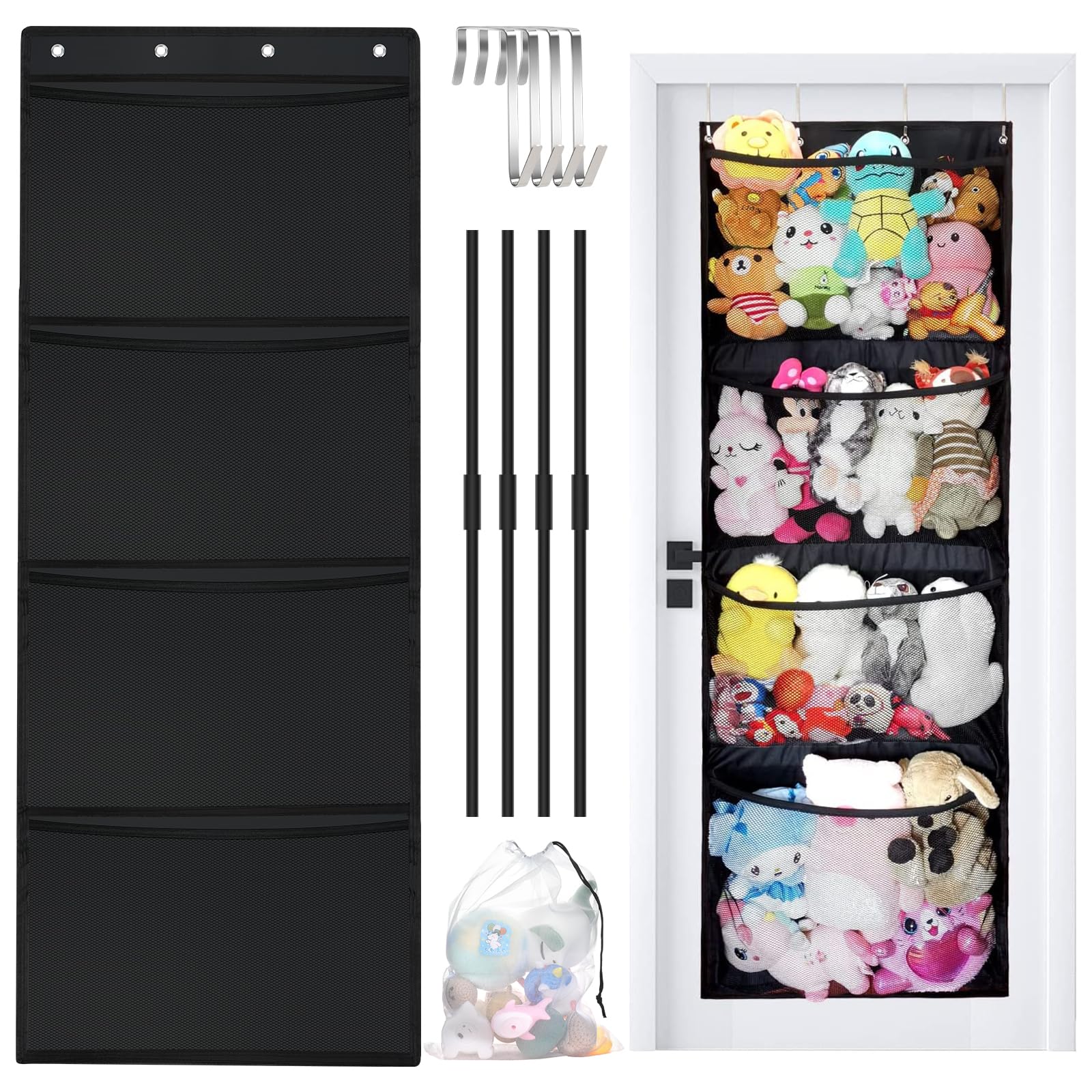 Aolso Over Door Stuffed Animal Storage, Toy Organizer With 4 Large Pockets and 4 Support Bars, Large Capacity for Closet, Plush Toys