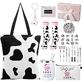 Aliceset 66 Pcs Cow Print Gift Set for Women Cow Lover Stuff Accessories Cosmetic Purse Tote Bags 20 oz Stainless Mug Steel Cute Socks Keychain Stickers Box Pen for Christmas Gift