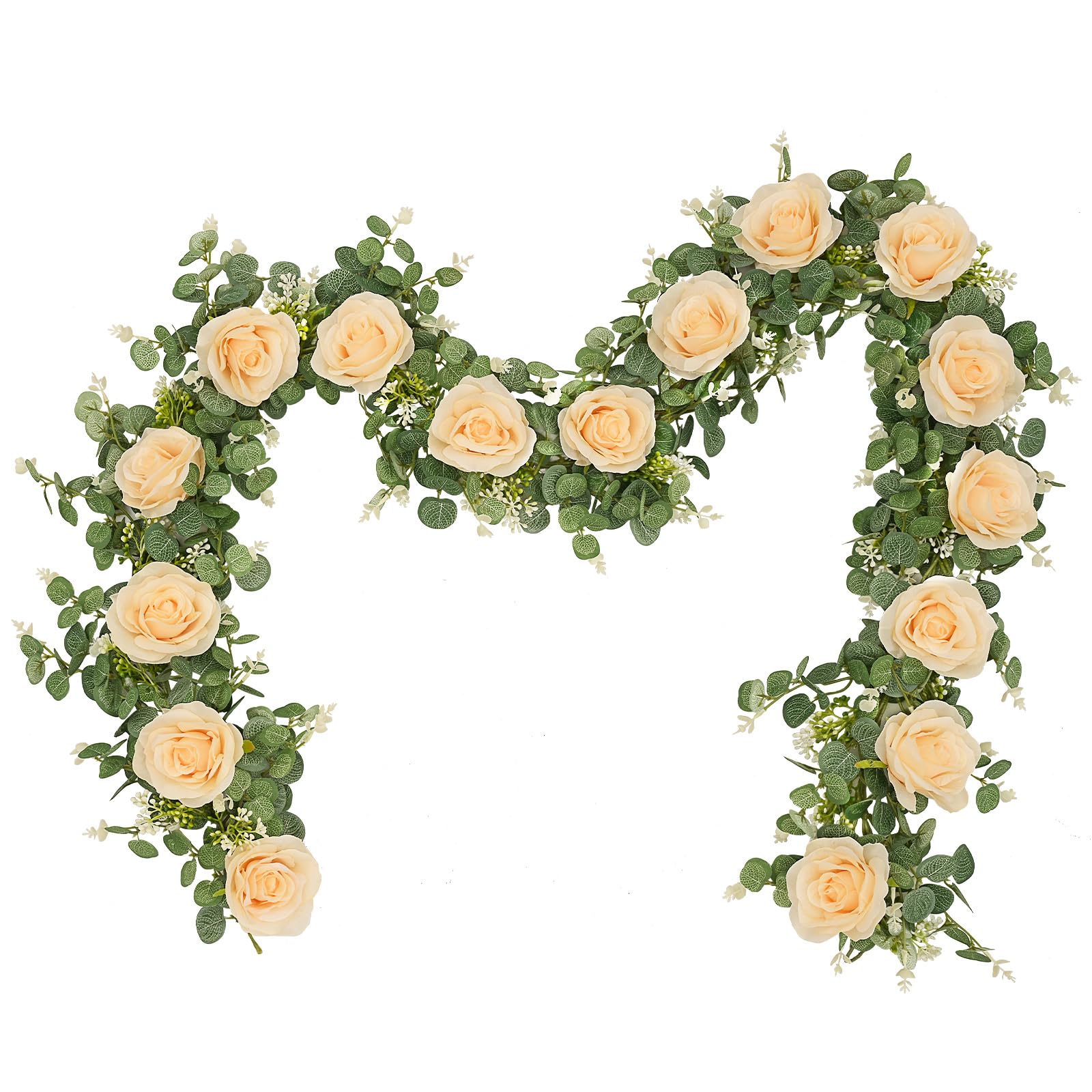 Photo 1 of Dolicer 2Pcs 13Ft Artificial Eucalyptus Garlands with Flowers - 8 Roses, Faux Floral Greenery Garlands Fake Flowers Vines for Wedding Table Centerpieces Arch Party Ceremony Backdrop Decor (Champagne)