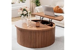 Fsbecl Round Lift Top Coffee Table with Hidden Storage, 31.6 Inch Modern Coffee Tables for Living Room, Circle Wood Fluted Center Tables Dining Table for Home, Office (Walnut, with Center Panel)