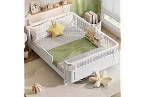 PVWIIK Full Size Montessori Floor Bed Frame with Fence and Wood Slats for Kids Bedroom,Wood Platform Bed with Safety Guardrails for Girls & Boys, No Box Spring Needed,White